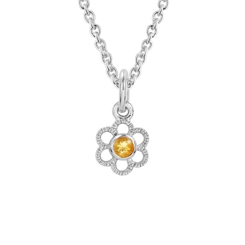 Children's Sterling Silver Round Flower Necklace with Natural Diamond and Citrine