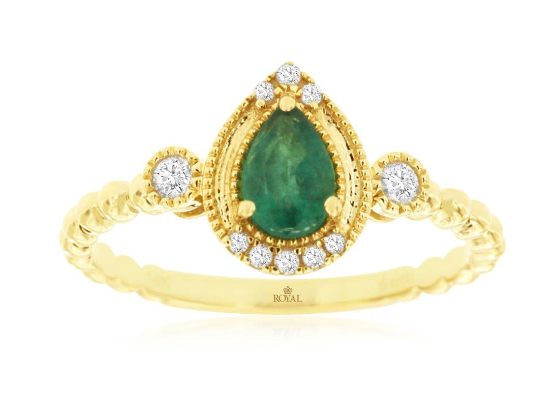 14K Yellow Gold Emerald and Diamond Pear Shape Ring - 0.37 Carats