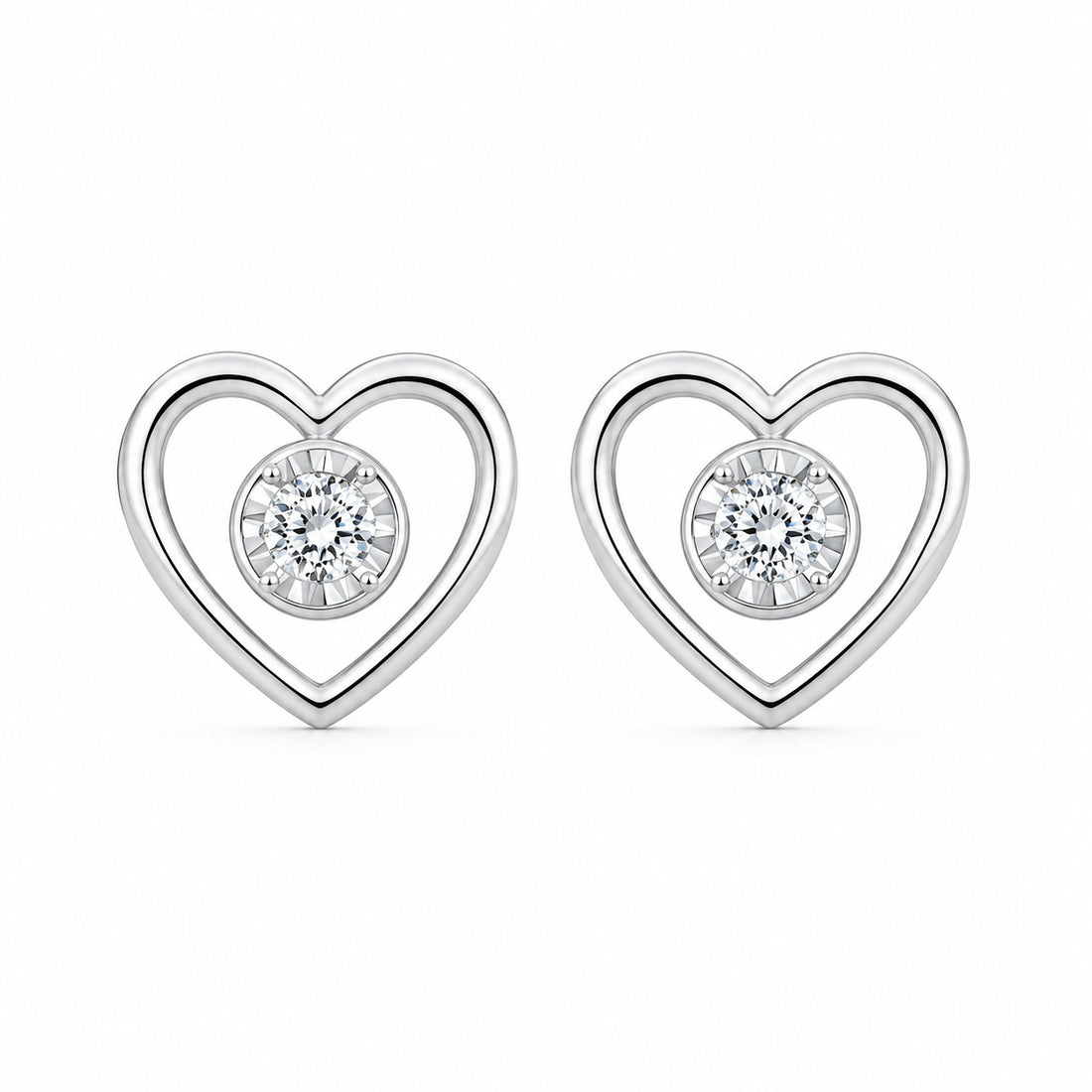 Sparkling Heart Sterling Silver Earrings with Natural 0.125ct Diamond