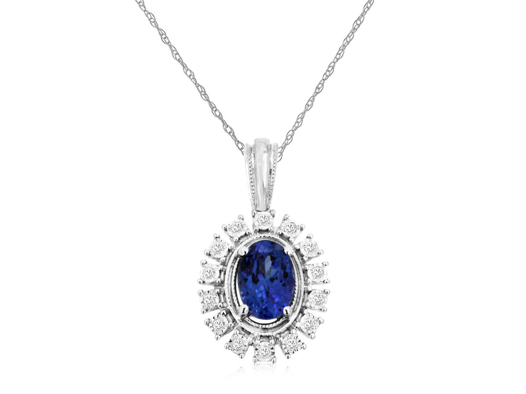 Exquisite Oval Tanzanite and Diamond Pendant in 14 Karat White Gold Necklace