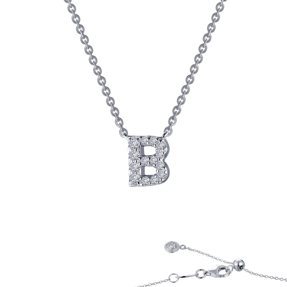 Platinum Coated Sterling Silver Block Letter B Necklace with Lassaire 0.42 Carat Sparkle