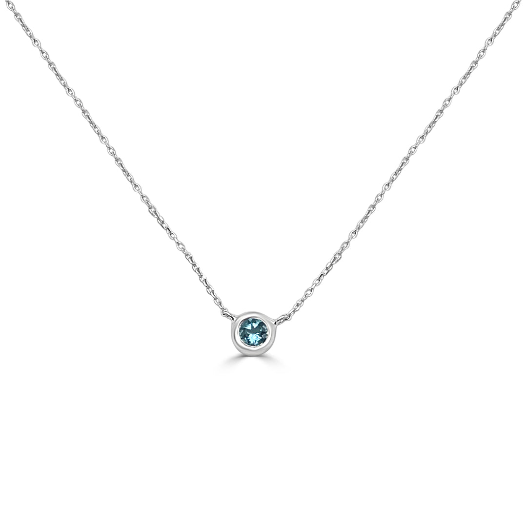 14 Karat White Gold Blue Topaz Bezel Necklace - Elegant Blue Topaz Pendant with 0.13 Carat Sparkling Shape