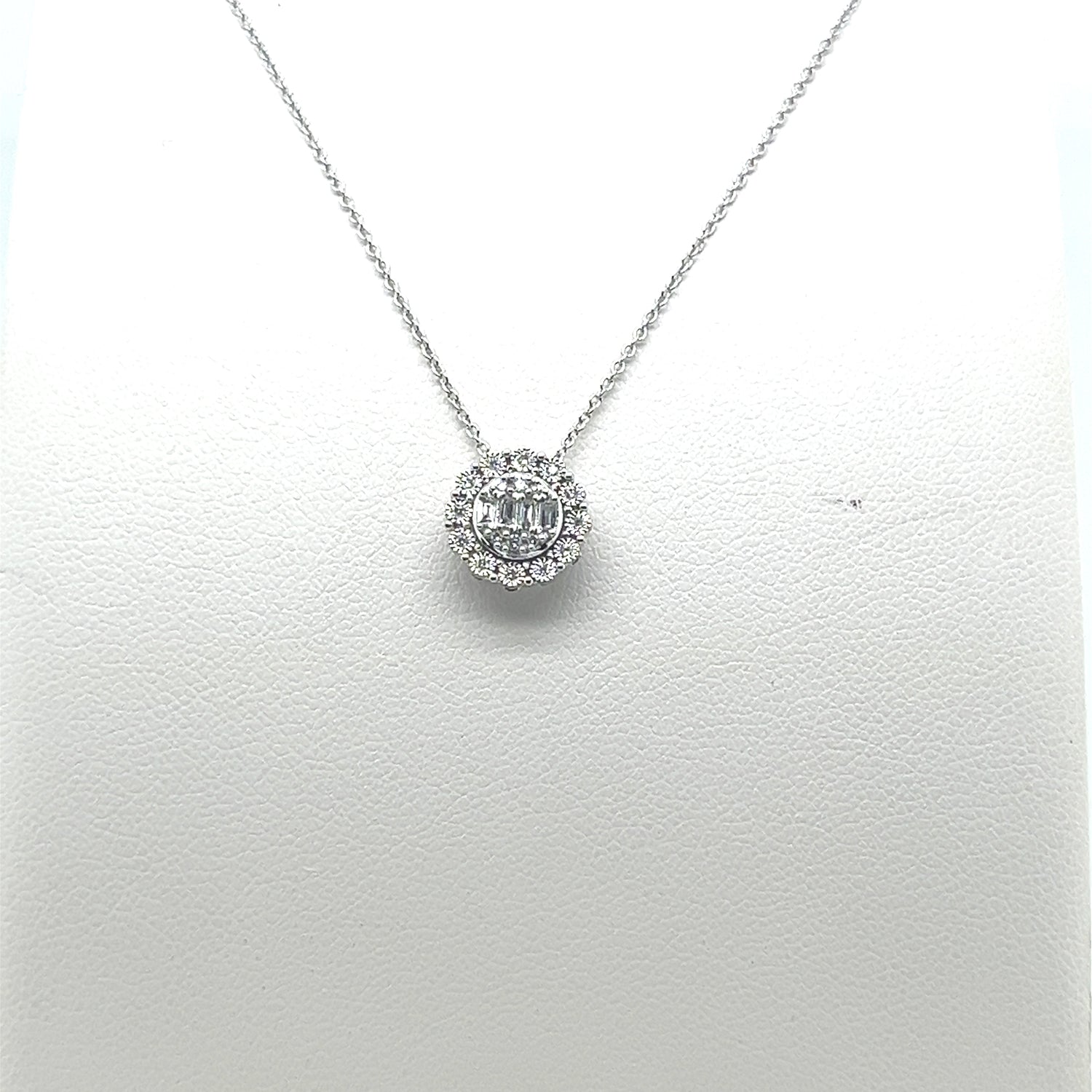 Mosaic Round Pendant with Halo Necklace in 14 Karat White Gold with Natural Diamond (0.12 Carats)