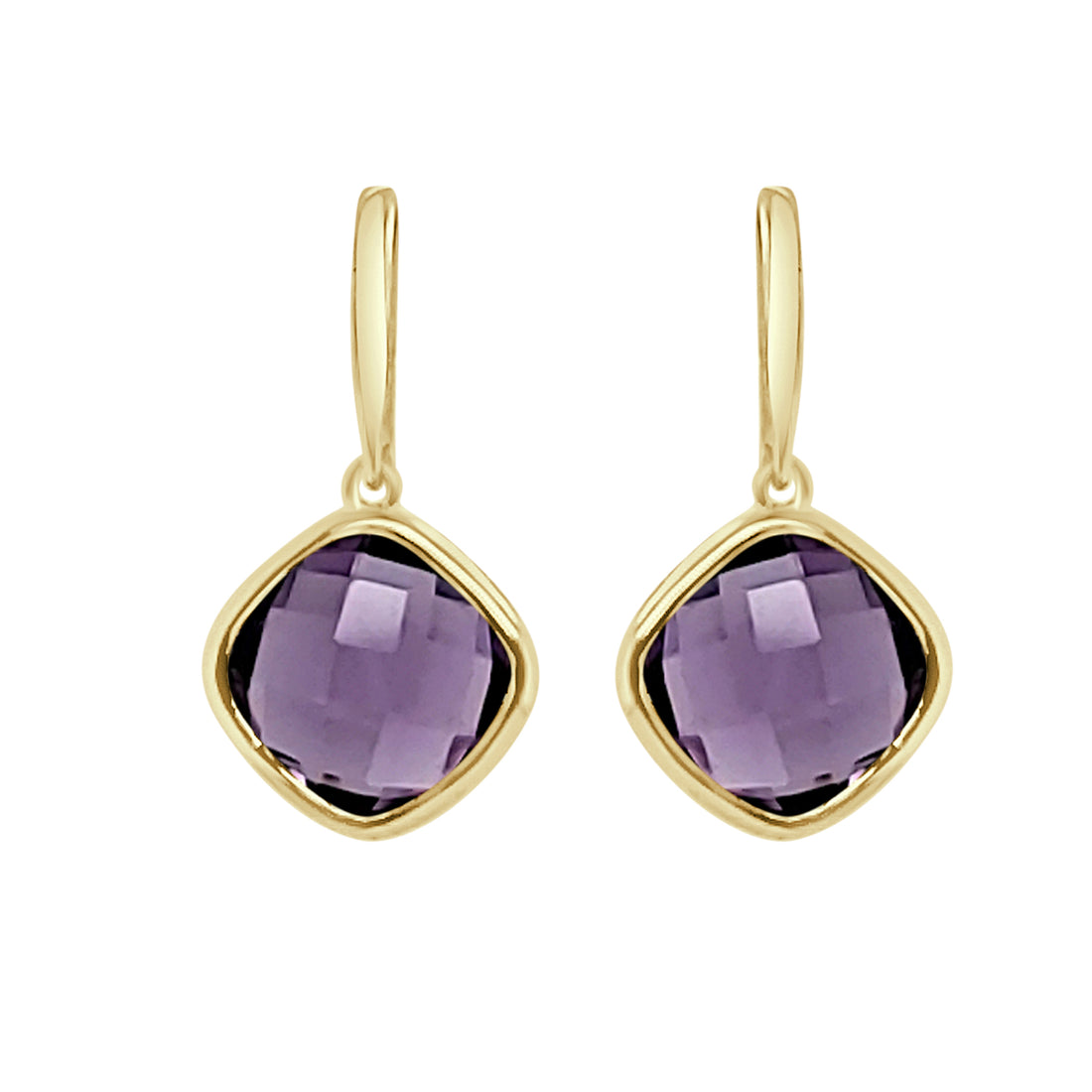 14 Karat Yellow Gold Dangle Bezel Earrings with Amethyst (3.92 Carat)