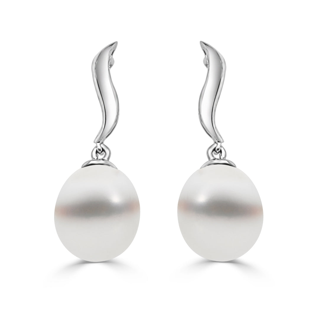 Graceful Pearl Drop Earrings in 14 Karat White Gold with Fancy S-Curve Design