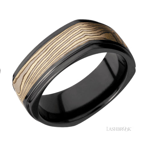 Exquisite Mokume Wedding Band with Grooved Edge in Zirconium - 18k & 14ky Sz 10