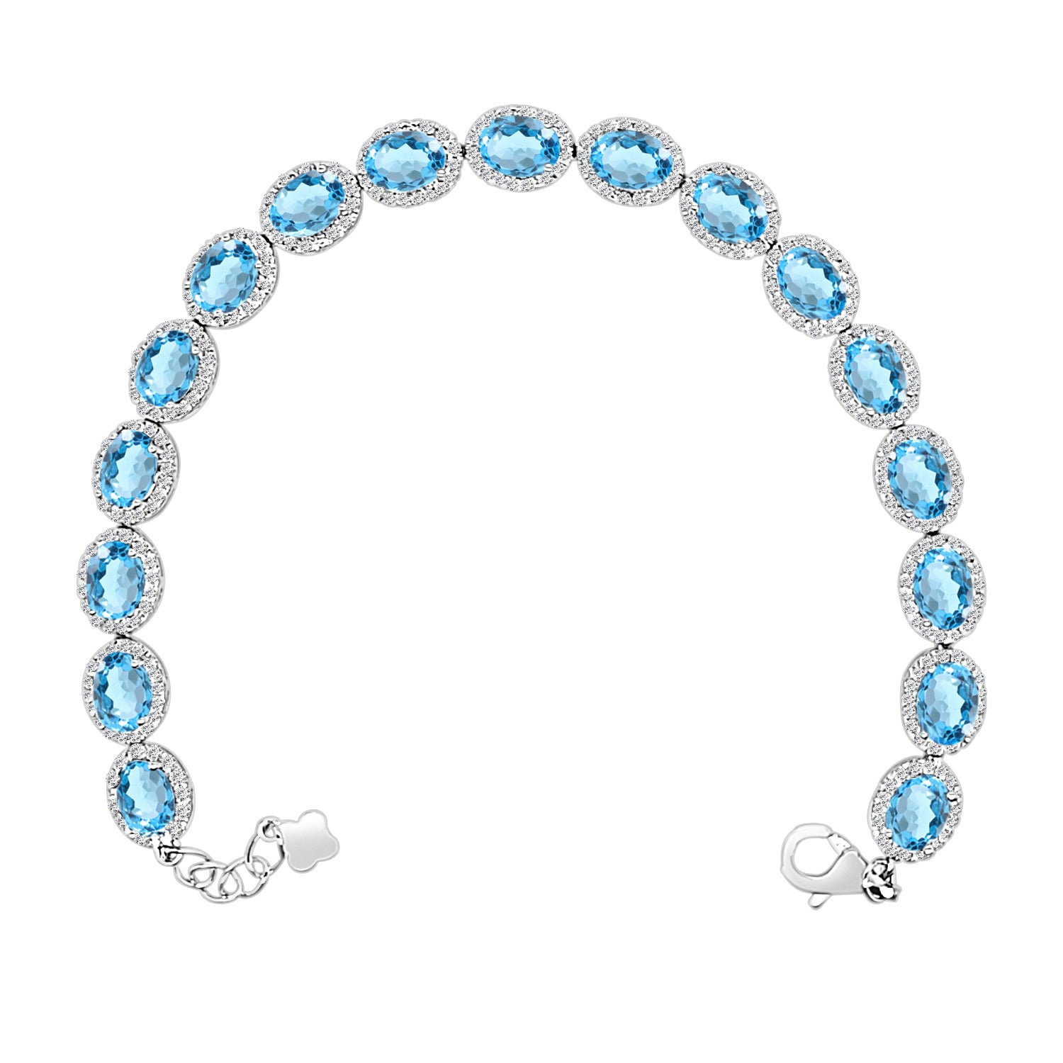 Sterling Silver Blue Topaz Oval Halo Link Bracelet - 15.87 Carat