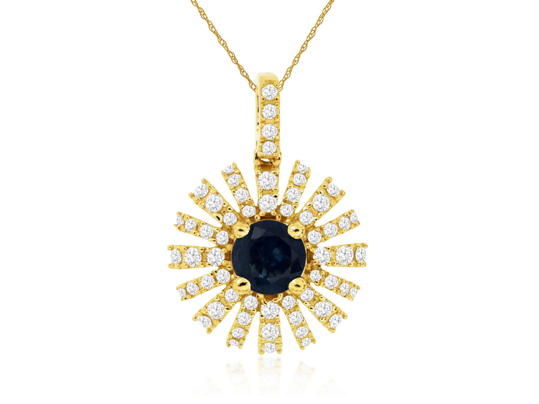 Sunburst Sparkle: 14 Karat Yellow Gold Round Blue Sapphire Necklace