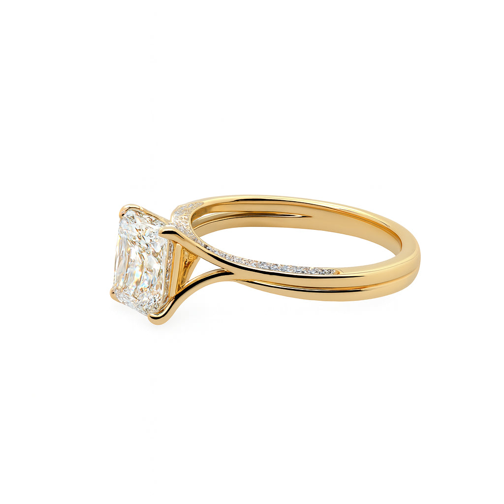 Radiant Twist: 14K Yellow Gold Engagement Ring with Lab Diamond Bridge in Radiant Shape - 2.00ct