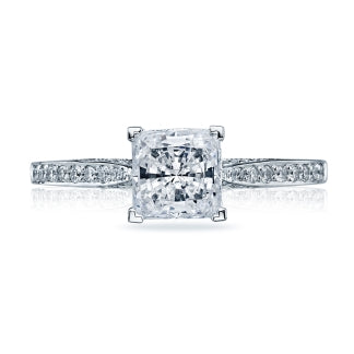 18 Karat White Gold Princess Cut Engagement Ring with Pinched Shank and Cubic Zirconia Accent Stones