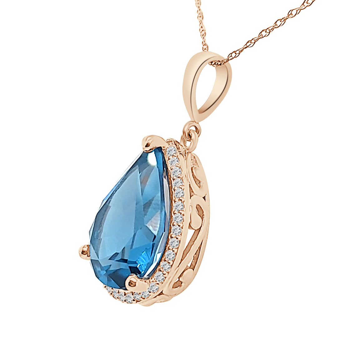 London Pear Halo Blue Topaz Necklace in 14 Karat Rose Gold