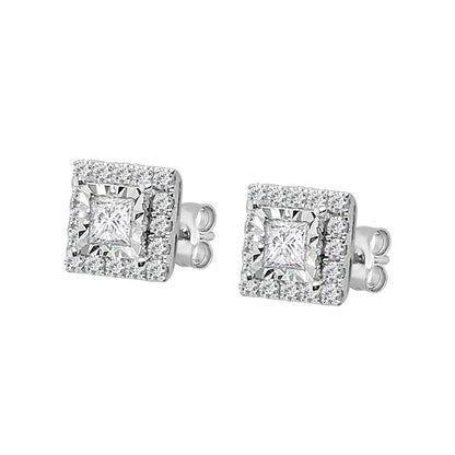 Sparkling Princess Halo Stud Earrings in 18 Karat White Gold with 0.73 Carat Natural Diamond