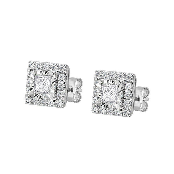 0.73 Carat Natural Diamond Princess Halo Stud Earrings in 18 Karat White Gold