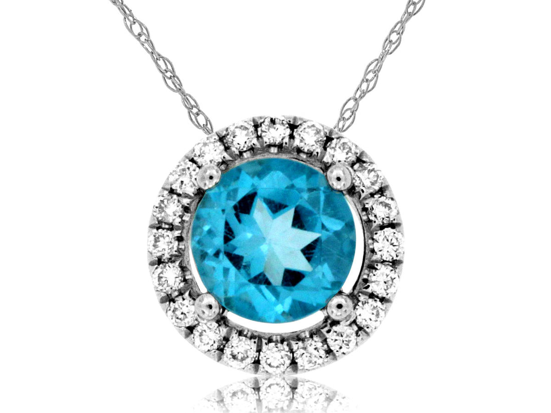 Halo Blue Topaz and Diamond Cable Necklace in 14 Karat White Gold