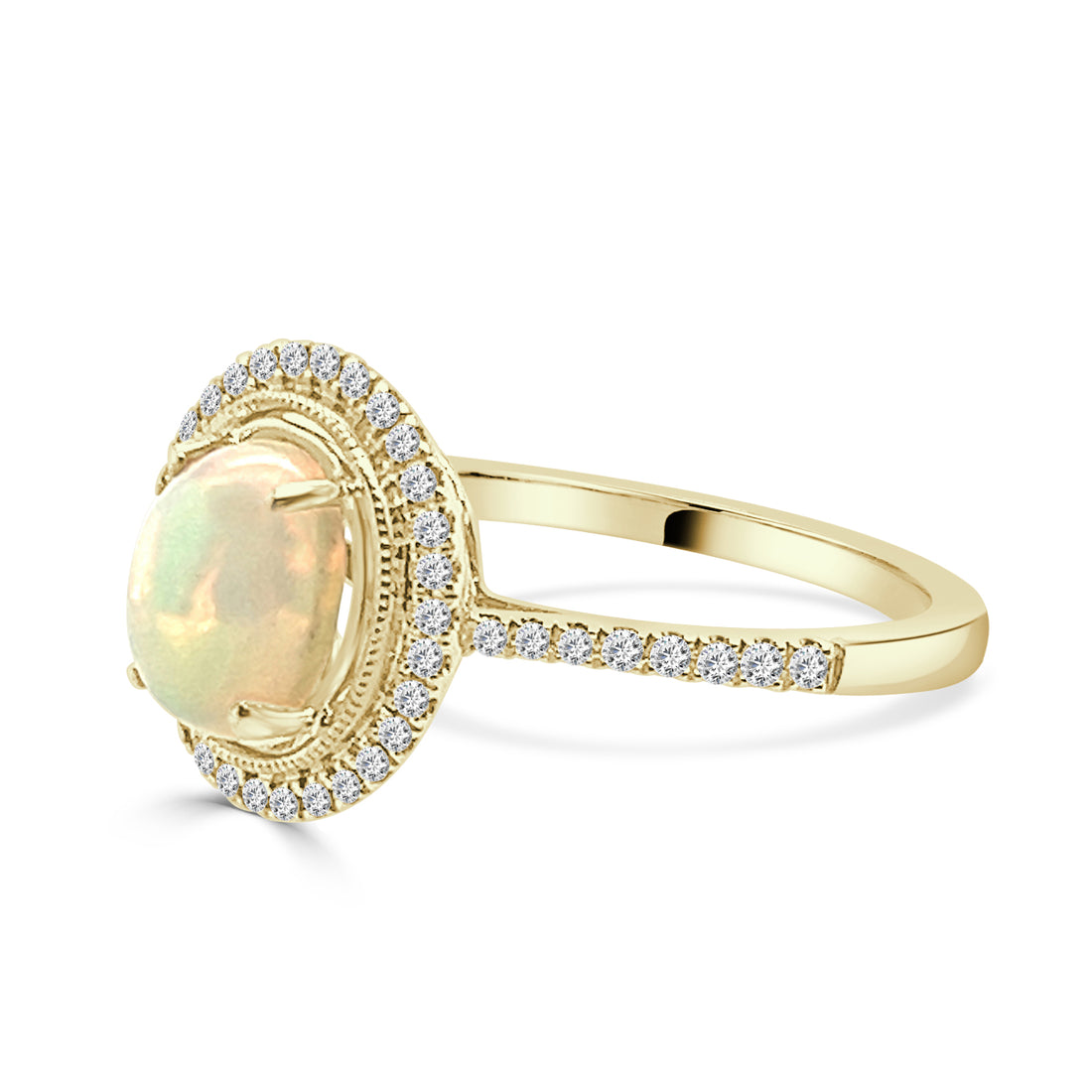 14K Yellow Gold Diamond and Opal Oval Ring - 0.90 CT