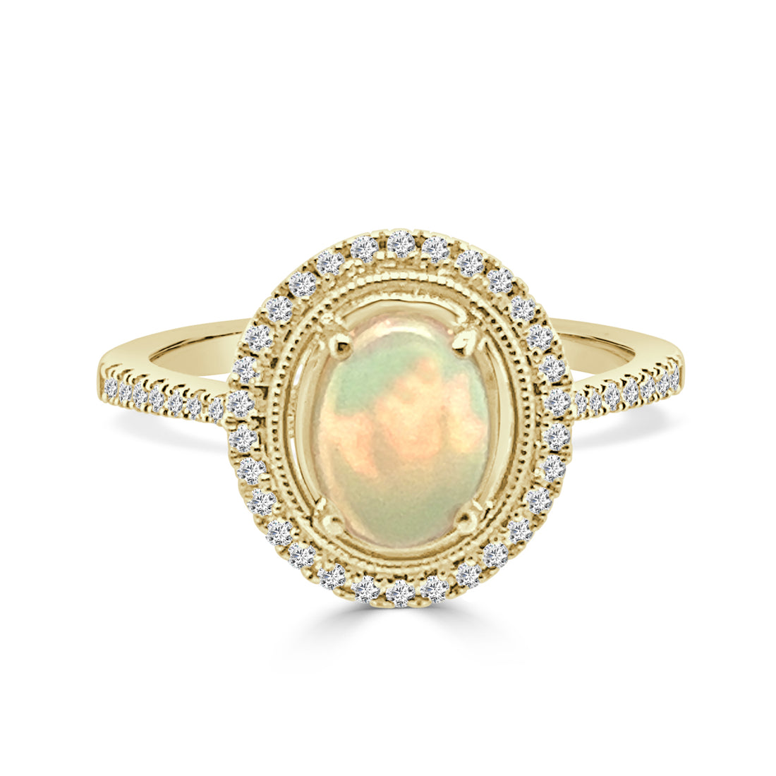 14K Yellow Gold Diamond and Opal Oval Ring - 0.90 CT
