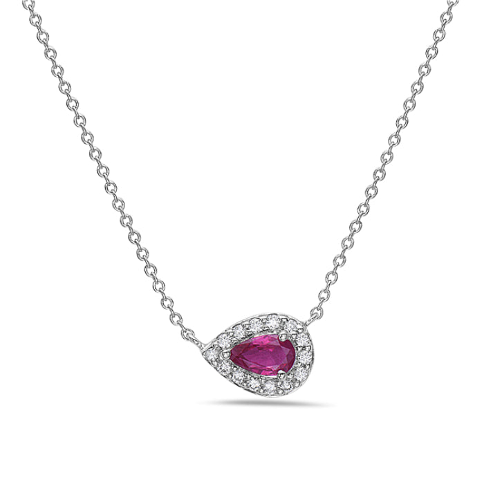 Sideways Pear Halo Ruby Necklace in 14 Karat White Gold