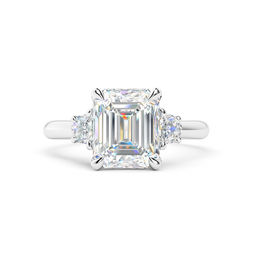Emerald Cut &amp; Half Moon Three Stone Engagement Ring in 14K White Gold with 3.10 Lab Diamonds