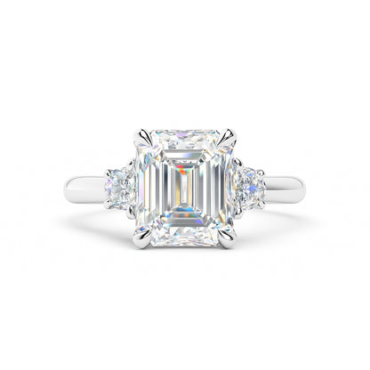 Emerald Cut &amp; Half Moon Three Stone Engagement Ring in 14K White Gold with 3.10 Lab Diamonds