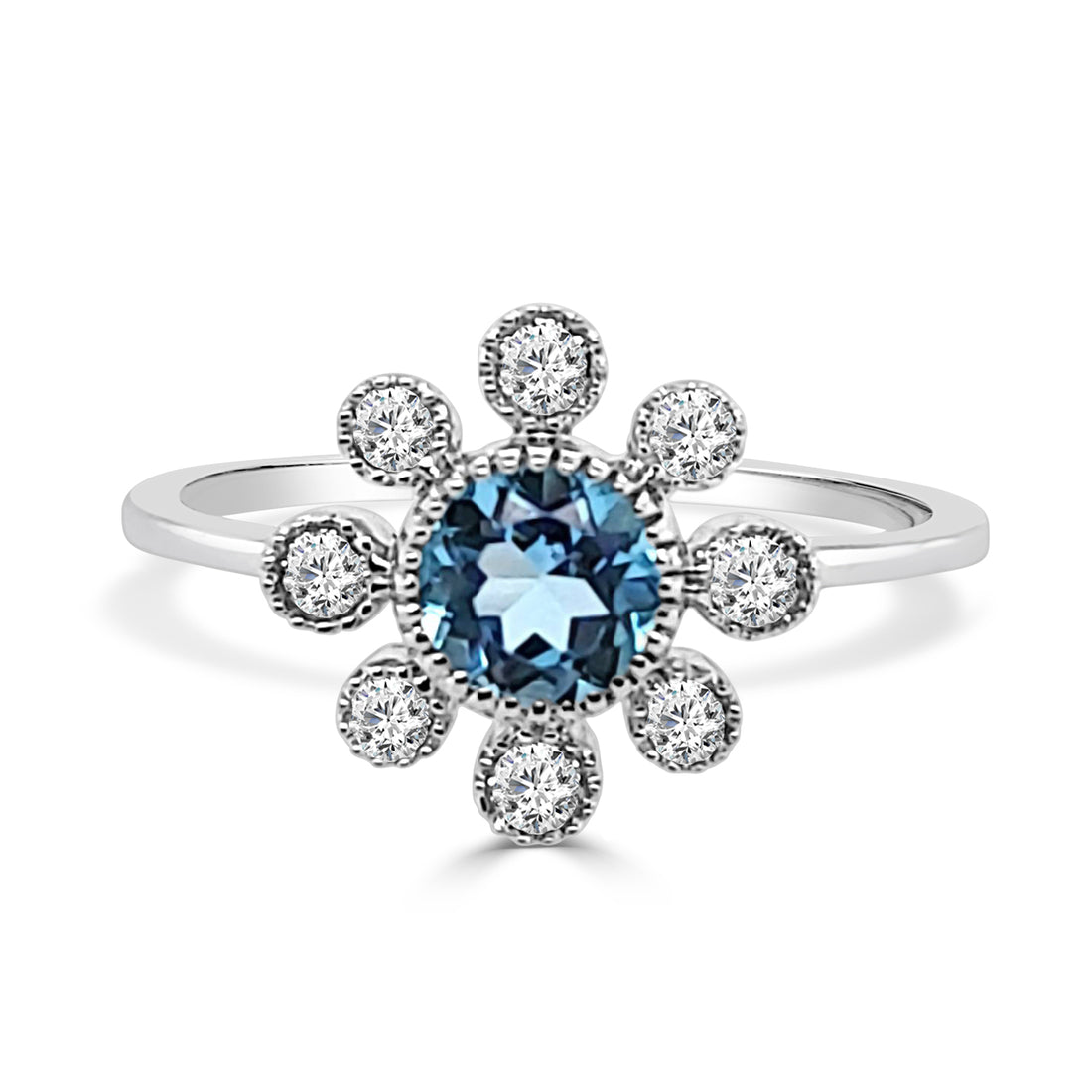 14 Karat White Gold Beaded Bezel Set Halo Ring with Blue Topaz - Round Shape, 0.55 Carat