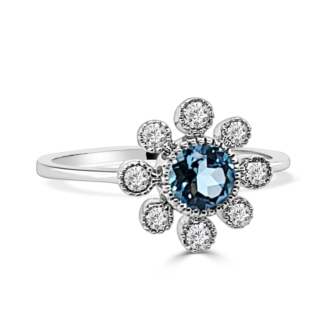 14 Karat White Gold Beaded Bezel Set Halo Ring with Blue Topaz - Round Shape, 0.55 Carat