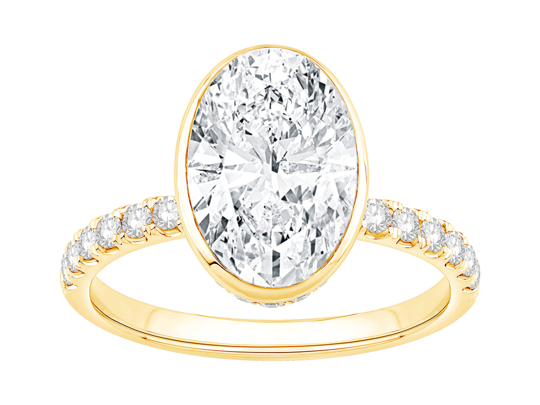 Oval Bezel Set Lab Diamond Engagement Ring with Hidden Halo - 14K Yellow Gold, 3.00 Carat