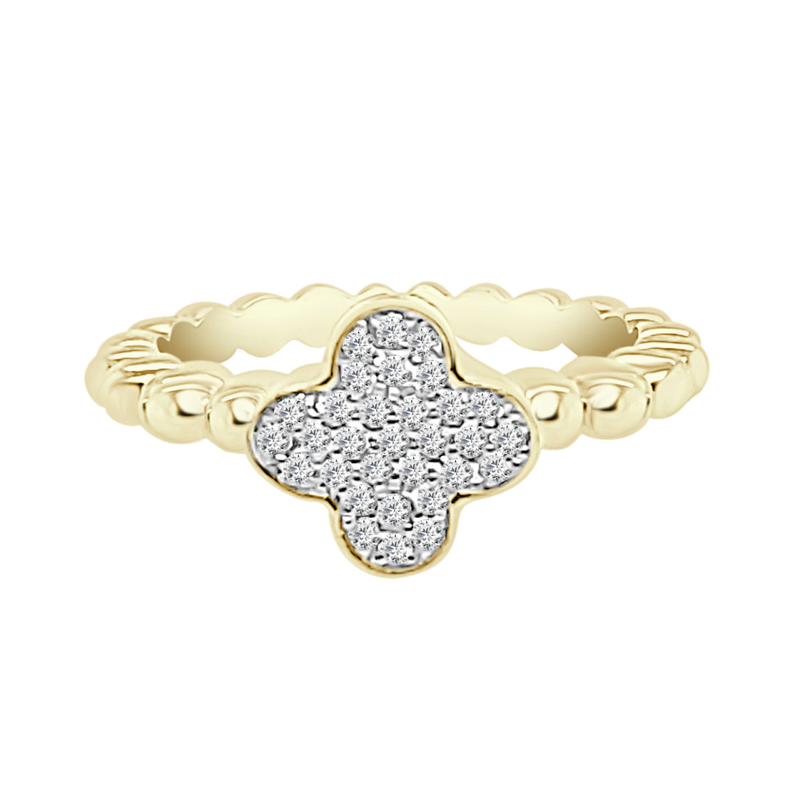Pave Clover Beaded Natural Diamond Ring in 14 Karat Yellow Gold (0.15 carats)