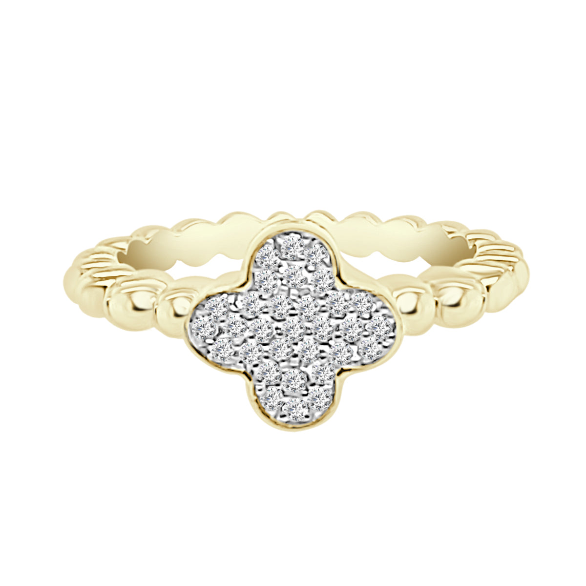 14K Yellow Gold Pave Clover Beaded Ring with Natural Diamond (0.15)