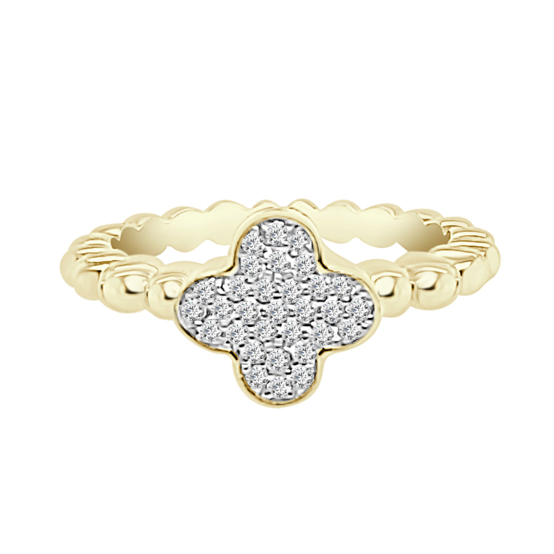 14 Karat Yellow Gold Pave Clover Beaded Ring with 0.15 Carat Natural Diamond