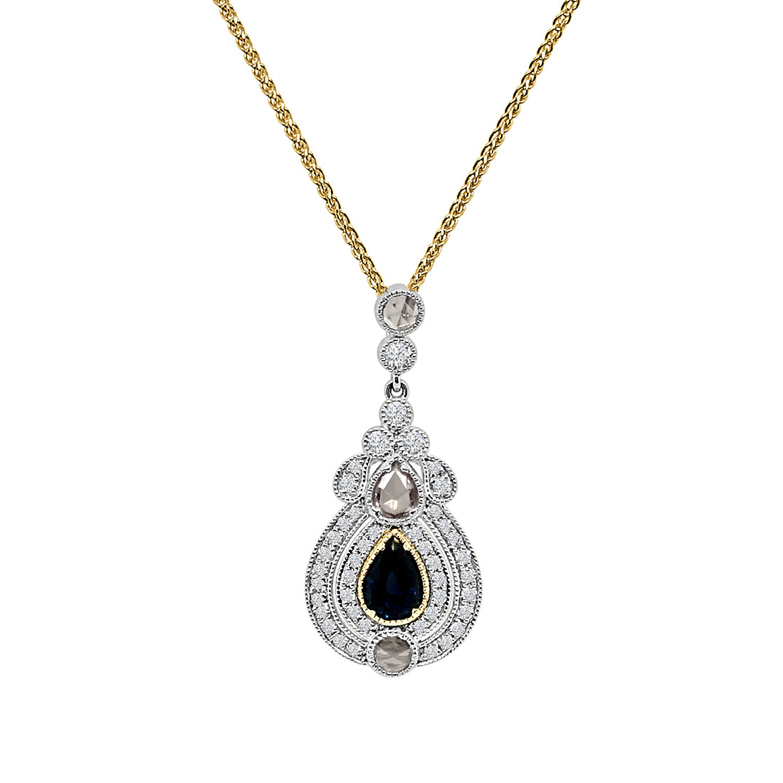 Platinum Blue Sapphire Necklace with 14Y Rose Cut &amp; Pear Halo Drop - 0.79 Carat