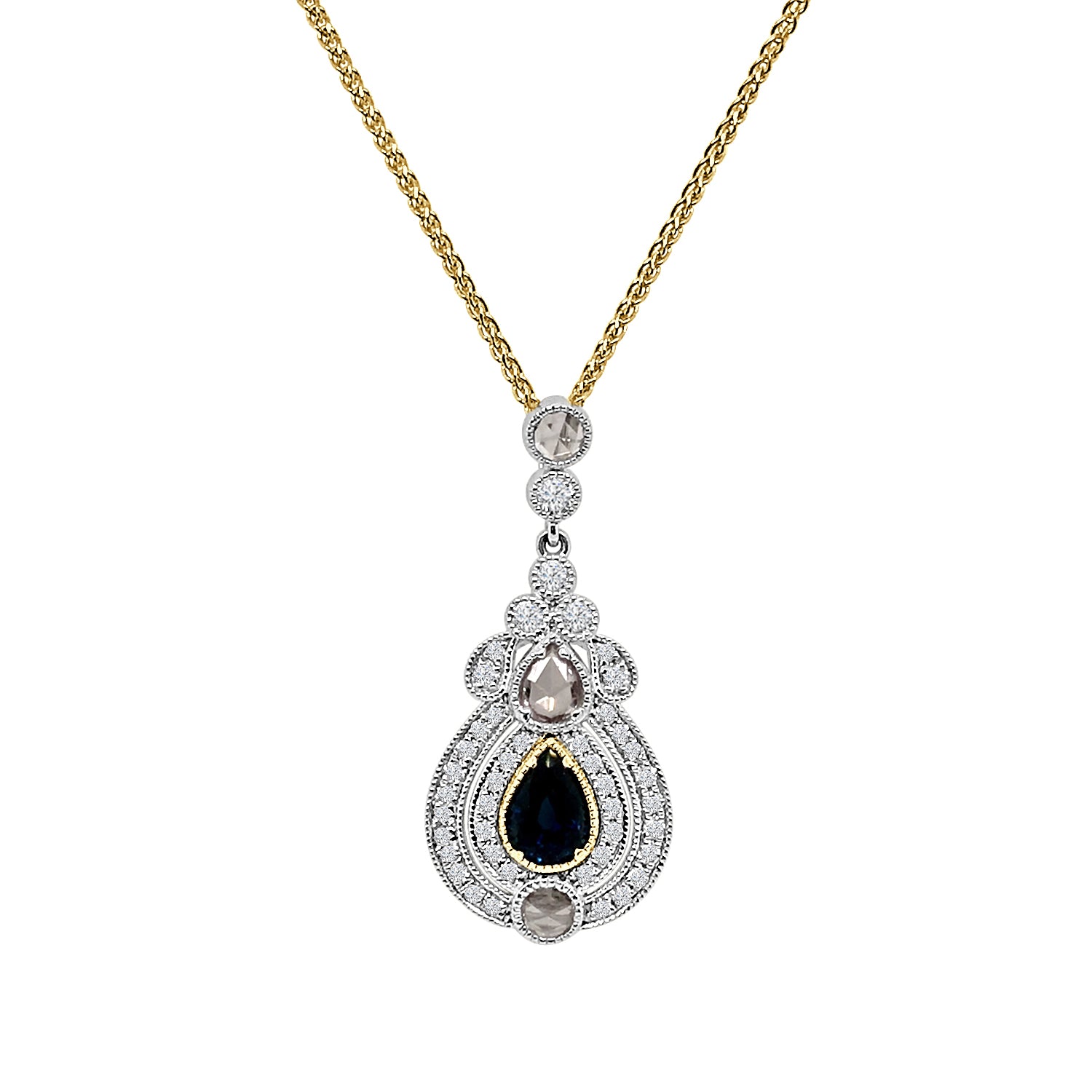 Platinum Necklace with 14y Rose Cut &amp; Pear Halo Drop featuring Blue Sapphire (0.79 carat)