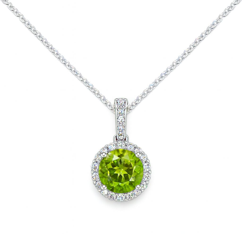 14K White Gold Peridot and Diamond Round Shape Necklace - 0.95 Carat
