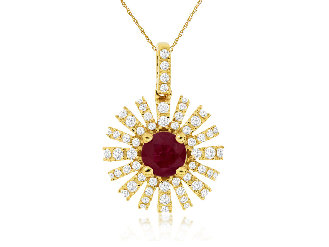 Starburst Ruby and Diamond Round Necklace in 14K Yellow Gold Cable Chain