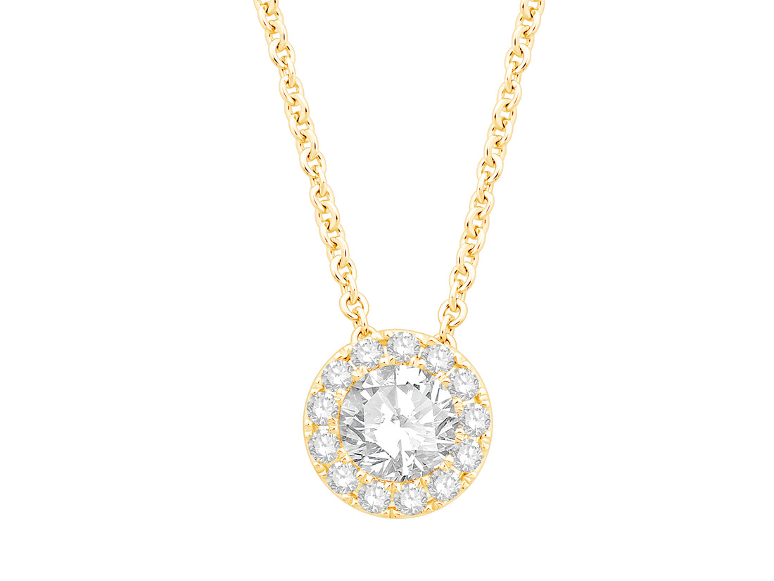 14K Yellow Gold Cable Necklace with Round Halo Pendant and 1.36 Lab Diamond