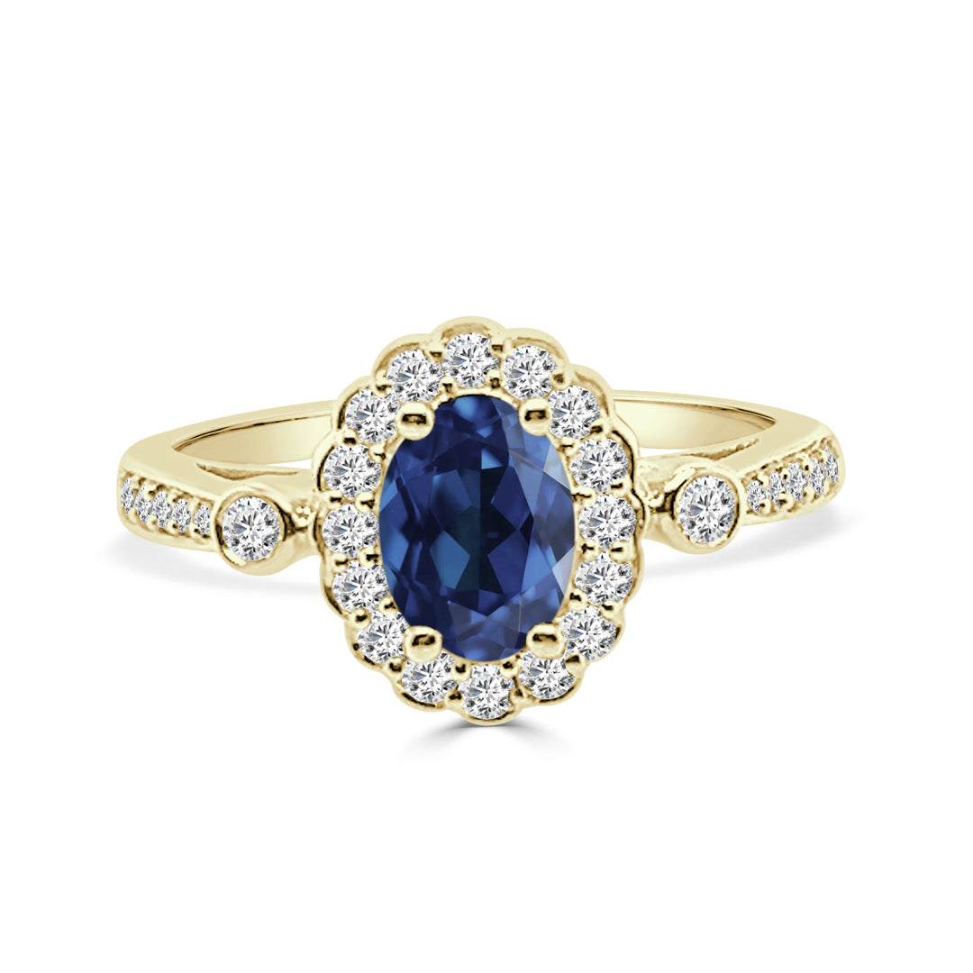 14K Yellow Gold Oval Sapphire Ring with Diamond Halo