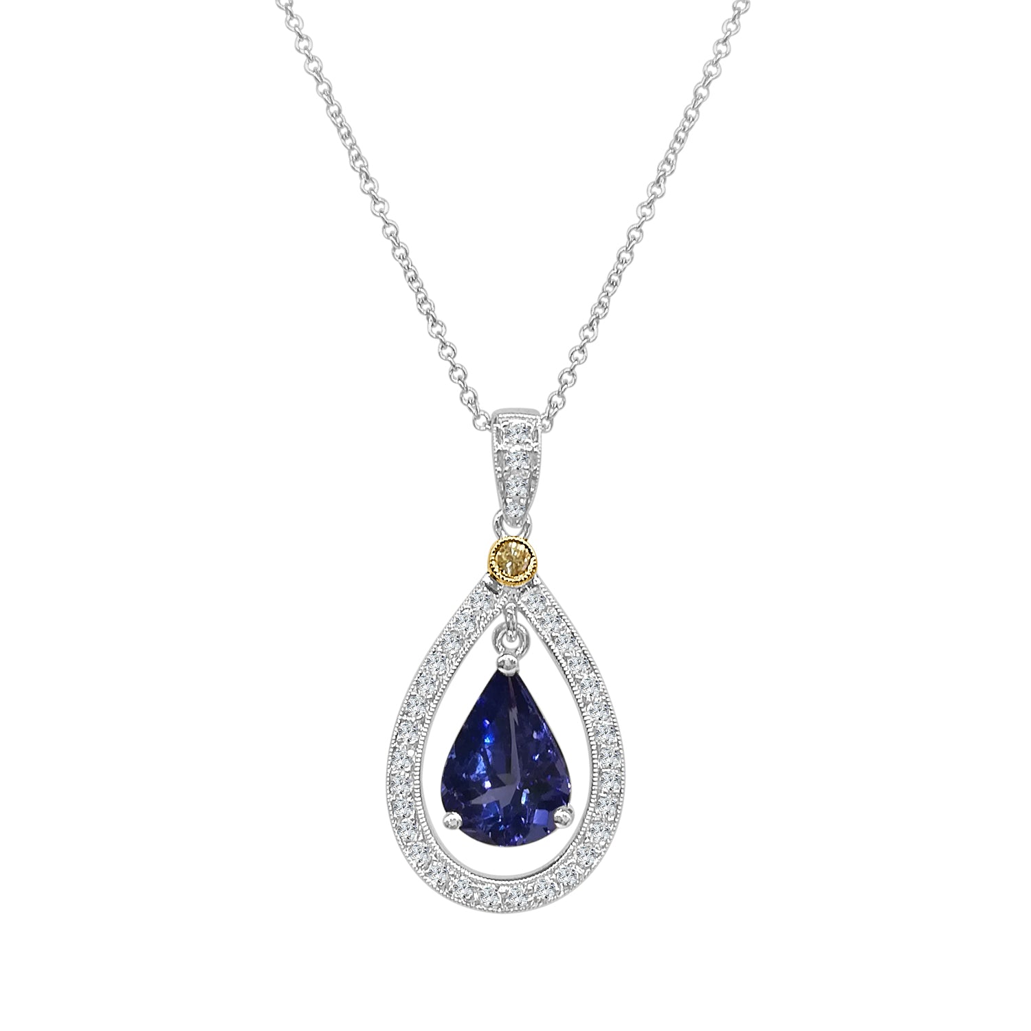 18 Karat Two-tone Tanzanite Drop Necklace - 1.89 Carats