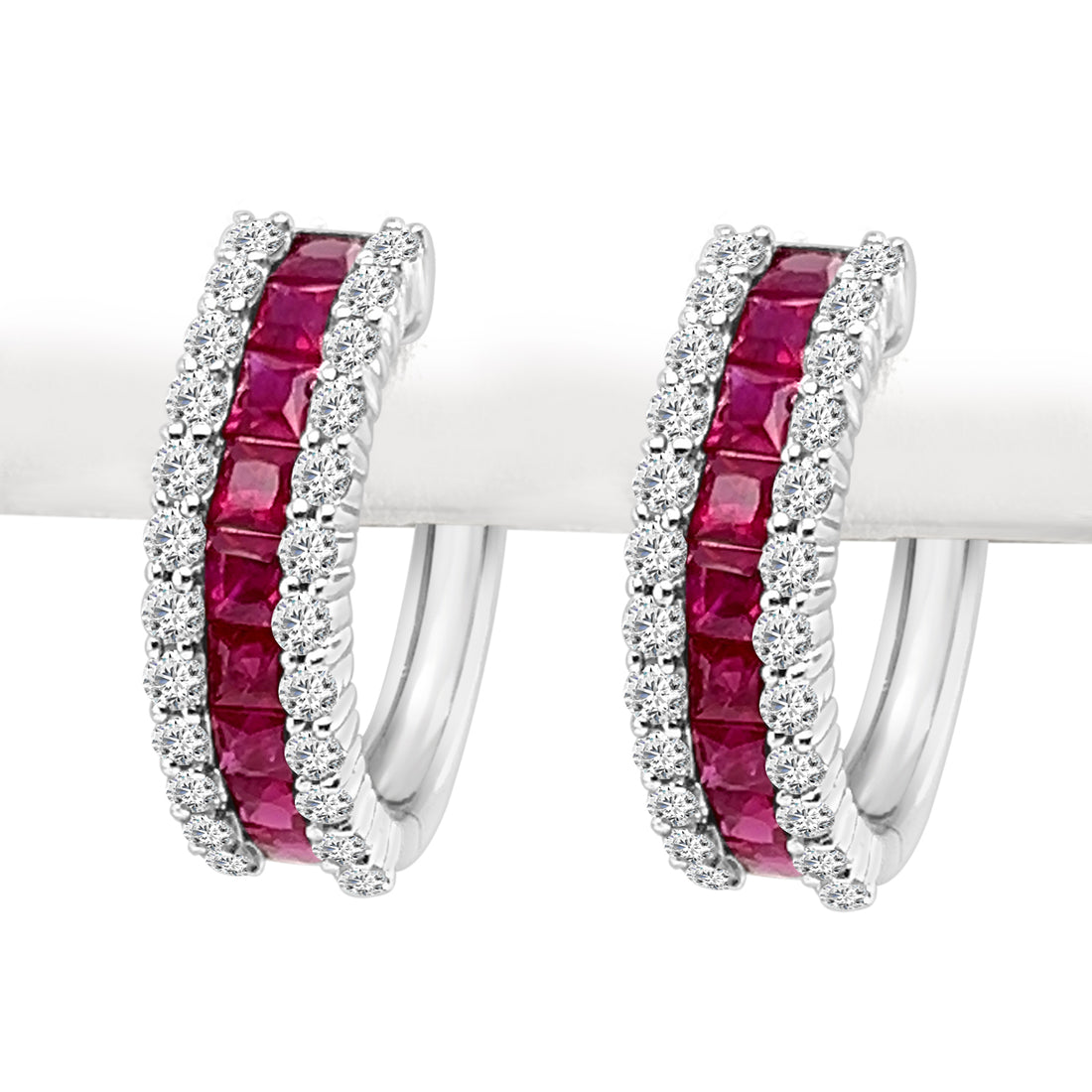 Dazzling Ruby &amp; Diamond Channel Set Hoop Earrings in 14K White Gold - 2.23 Carats