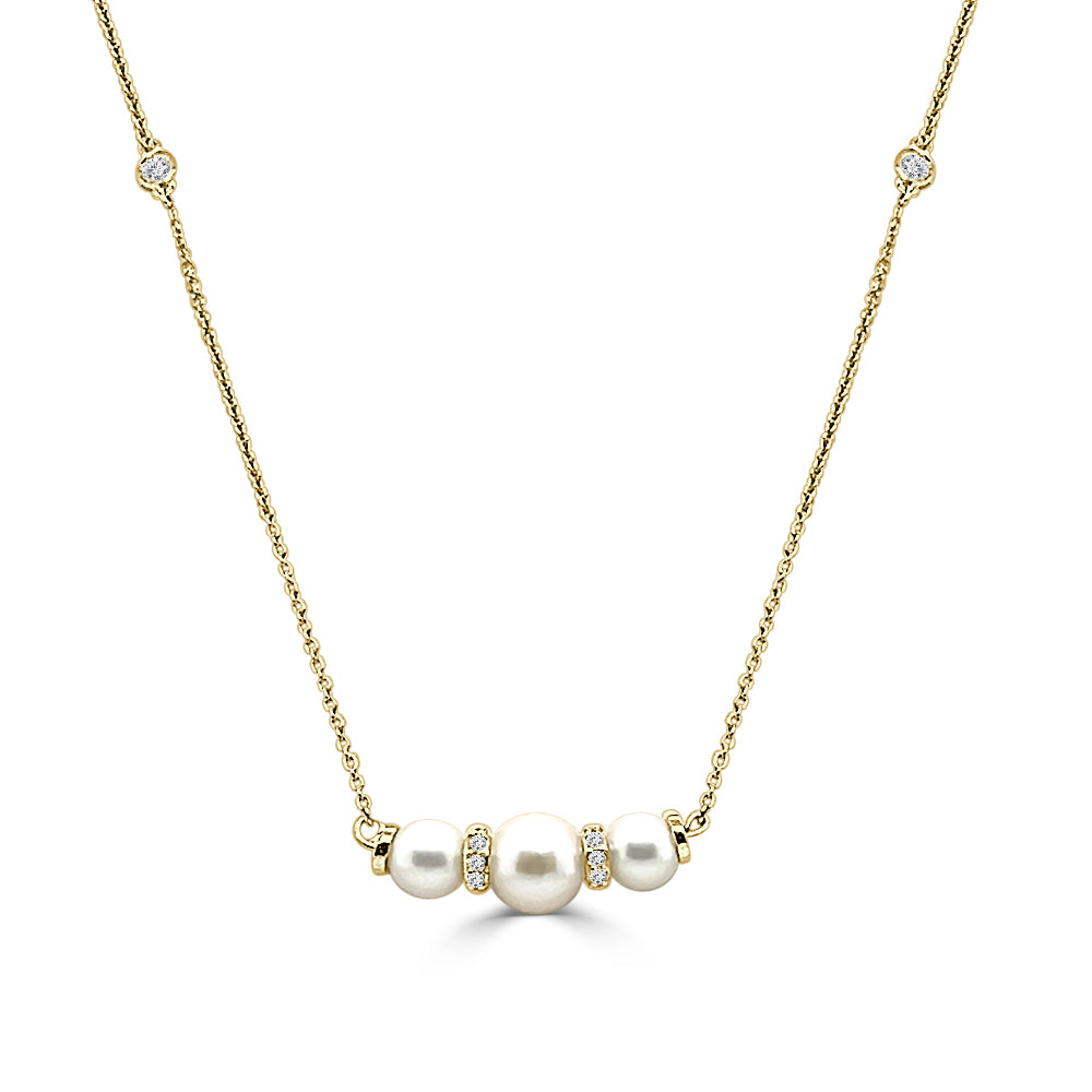 14K Yellow Gold Pearl and Diamond Stackable Necklace