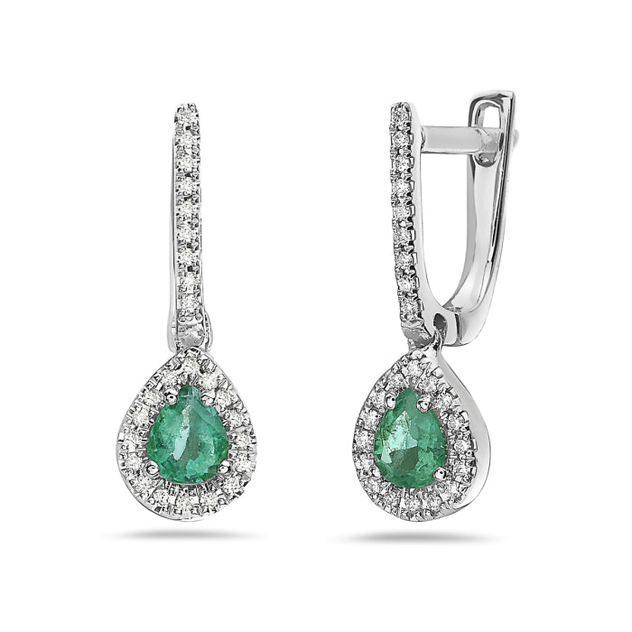 Emerald Pear Halo Earrings in 14 Karat White Gold - 0.74 Carat