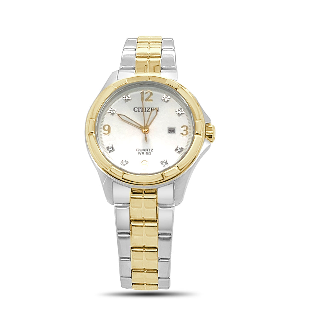 Citizen Quartz Ladies Watch: Stainless Steel with Crystal Markers on White Dial