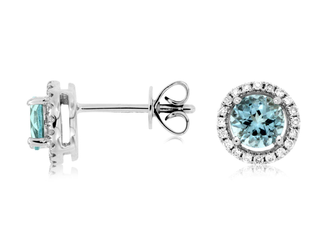 14 Karat White Gold Halo Stud Earrings with Aquamarine Gemstone and Natural Diamond Accents