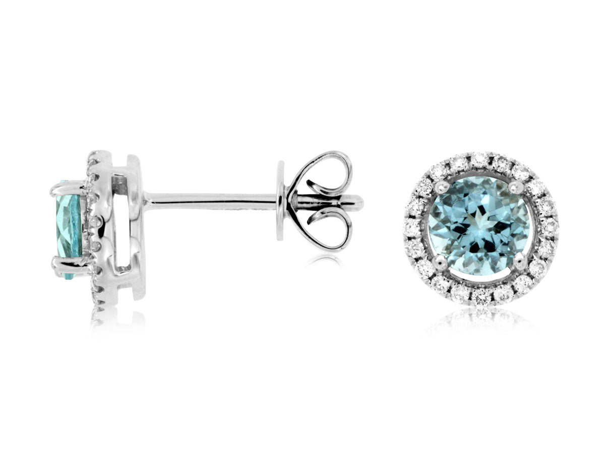 14 Karat White Gold Halo Stud Earrings with Aquamarine Gemstone and Natural Diamond Accents