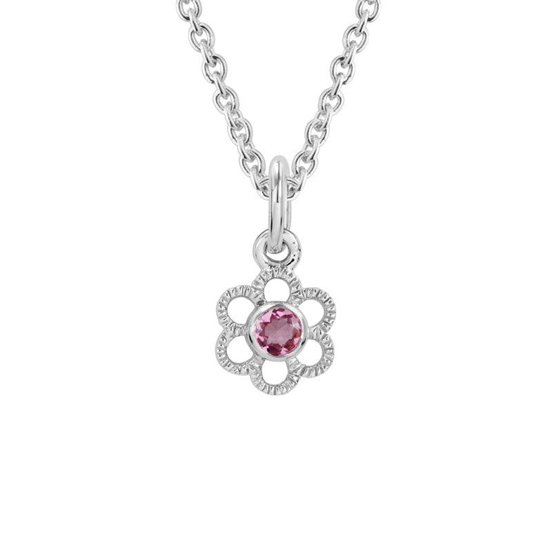 Delicate Sterling Silver Pink Flower Necklace with Tourmaline Accent