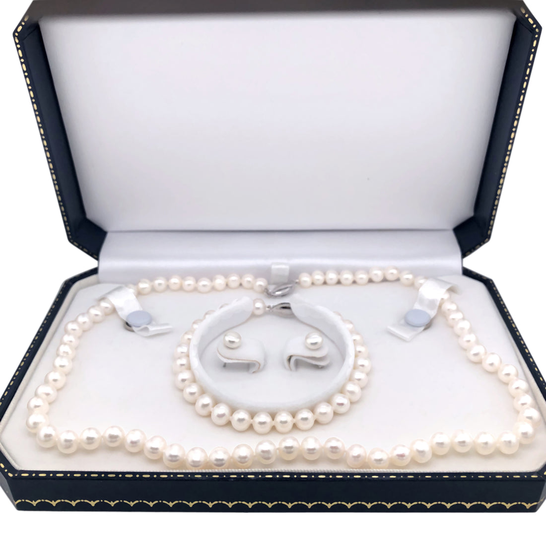 Sterling Silver Pearl Necklace Set with Bracelet &amp; Earrings