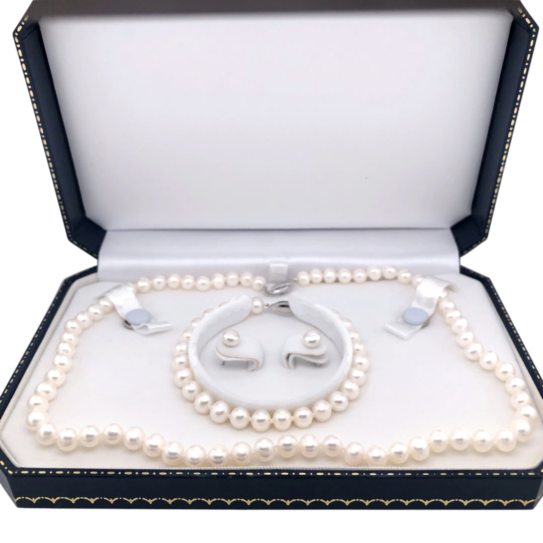 Silver Pearl Necklace Set with Bracelet and Earrings - Elegant Sterling Silver Jewelry Collection