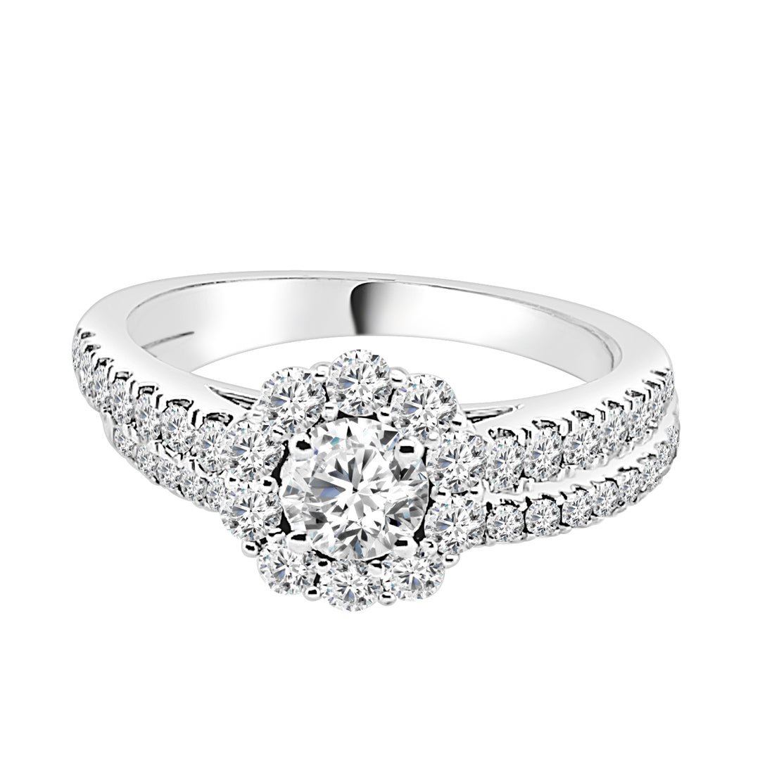 Eternal Brilliance: 14 Karat White Gold Halo Engagement Ring and Wedding Band Set with Round Lab Diamond