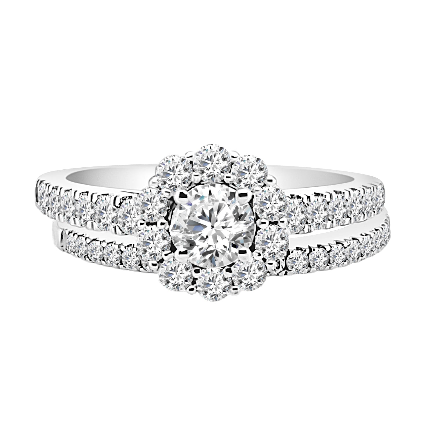 Sparkling Elegance: 14 Karat White Gold Wedding Set with Halo Engagement Ring and Band featuring Lab Diamond in Round Shape (0.33 Carat)
