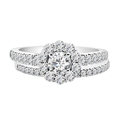 Sparkling Elegance: 14 Karat White Gold Wedding Set with Halo Engagement Ring and Band featuring Lab Diamond in Round Shape (0.33 Carat)