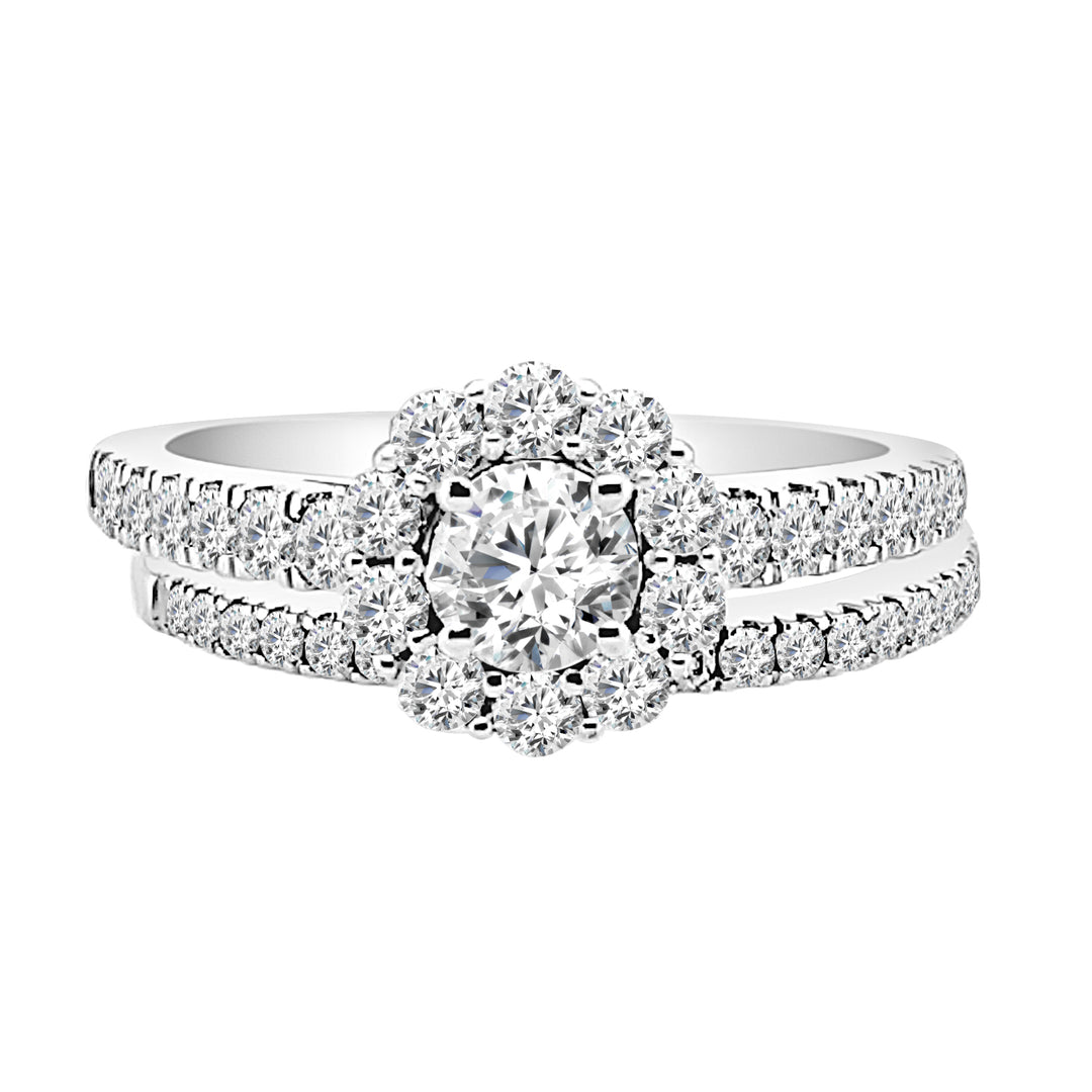 Eternal Brilliance: 14 Karat White Gold Halo Engagement Ring and Wedding Band Set with Round Lab Diamond