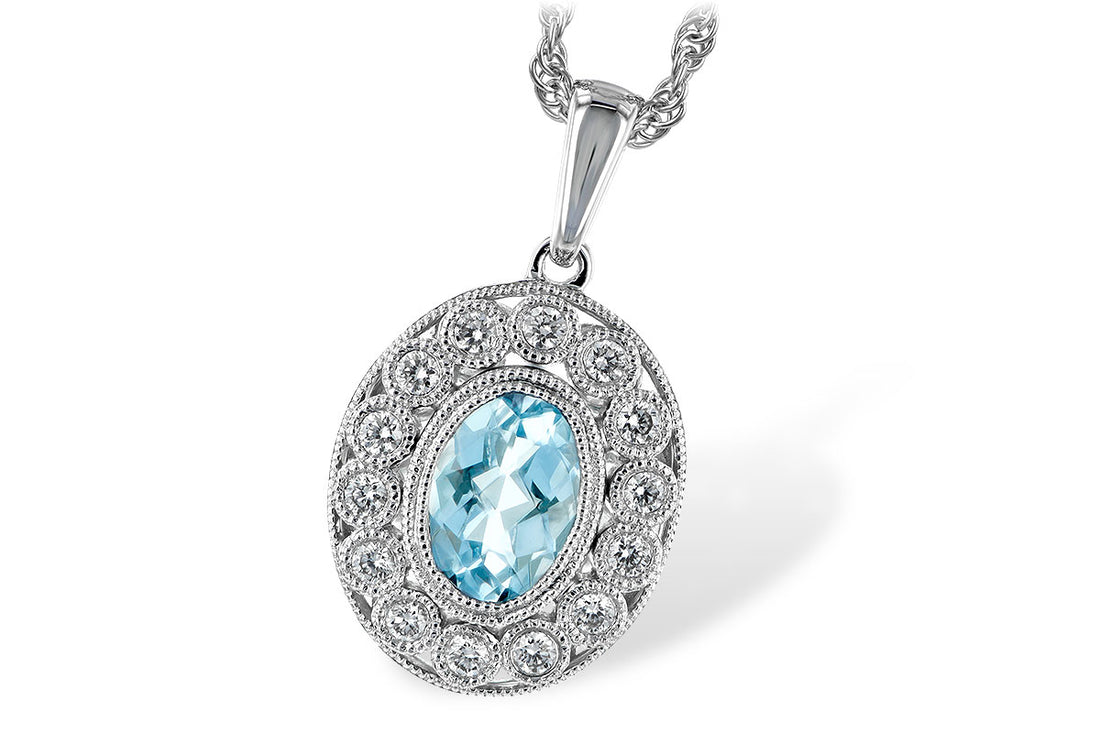 14 Karat White Gold Aquamarine Bezel Set and Milgrain Pendant Necklace - 0.62 Carat